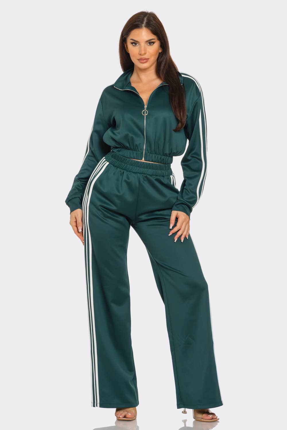 WHITE Side Stripe Tapping Details Zip Up Jacket and Pant Set