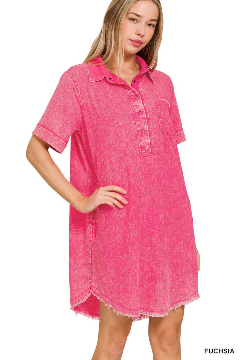 Washed Linen Raw Edge Button Down V Neck Dress