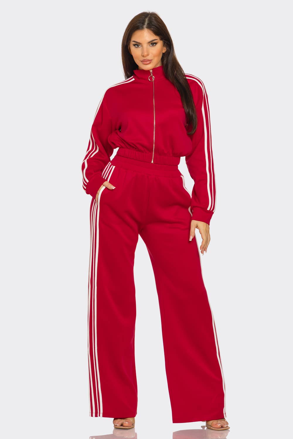 WHITE Side Stripe Tapping Details Zip Up Jacket and Pant Set