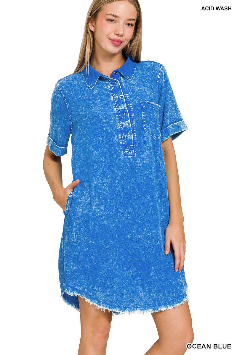 Washed Linen Raw Edge Button Down V Neck Dress