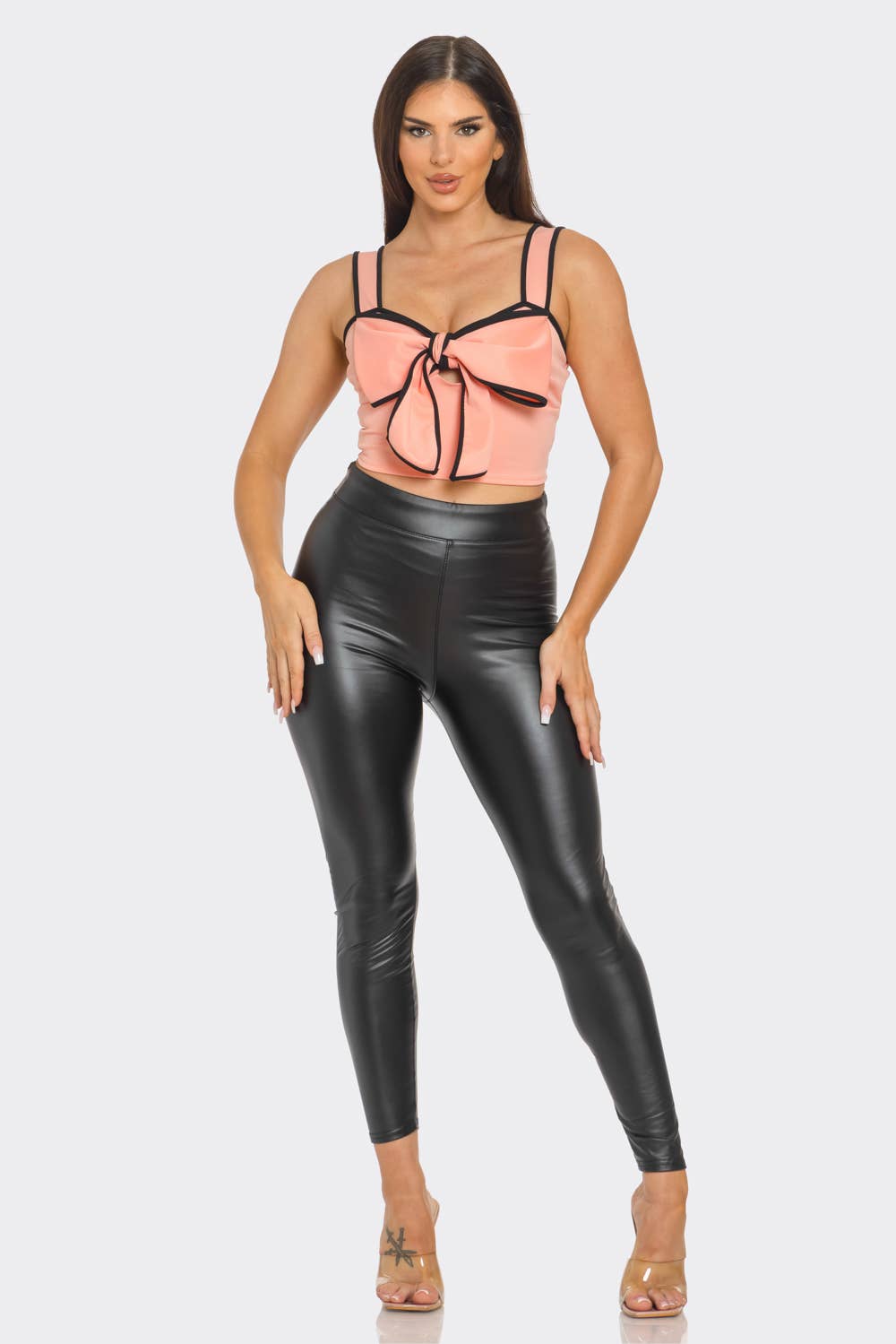 Front Oversized Bow Cut Out Detail Crop Top: Peach-Black