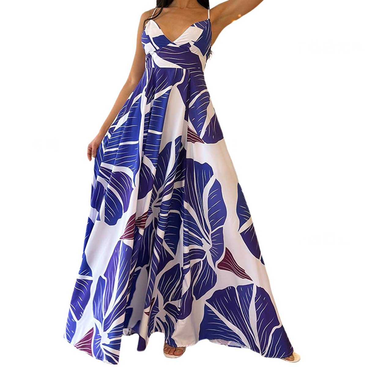 Lily Clothing - Abstract floral print mid-length swing halter dress: BLUE / (XL) 1