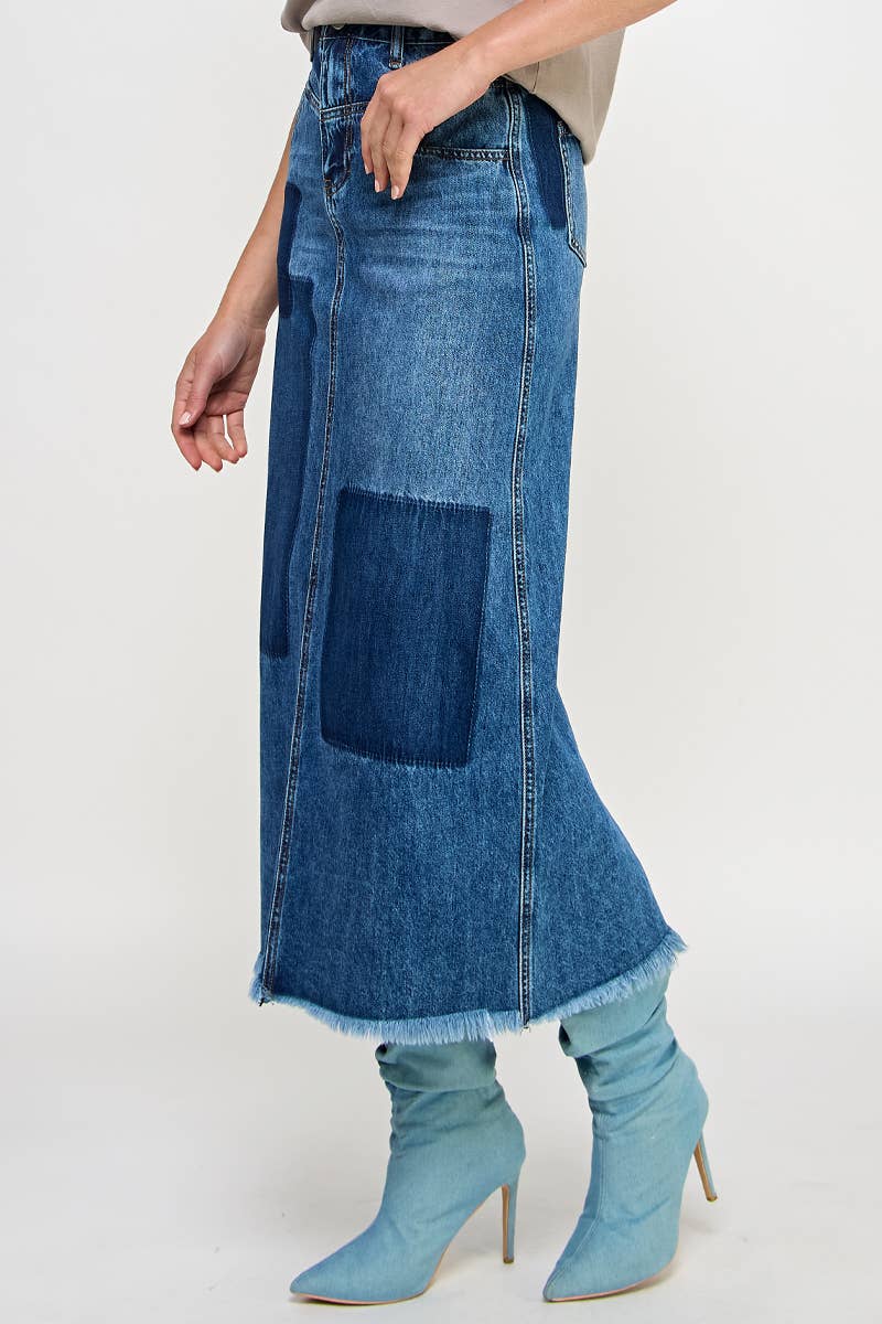 HIGH RISE FLARED MAXI SKIRT - Patchwork Design: DARK DENIM