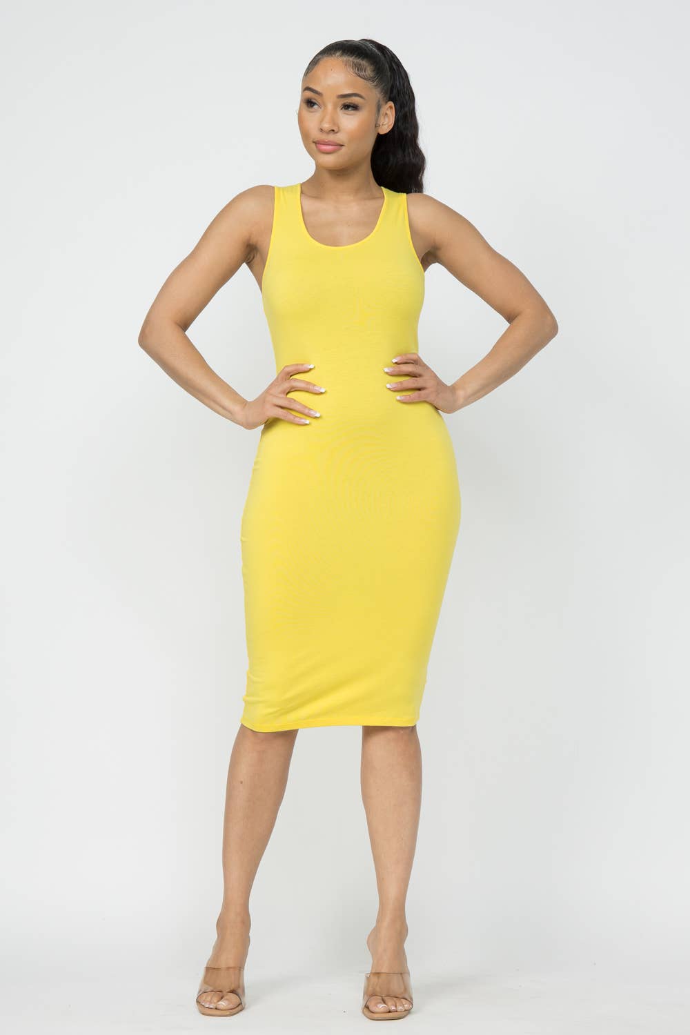 Julia by LoveJ - Cotton Spandex Solid Sleeveless Tank Bodycon Midi Dress: Red / 1-2-2-1 (S-M-L-XL)