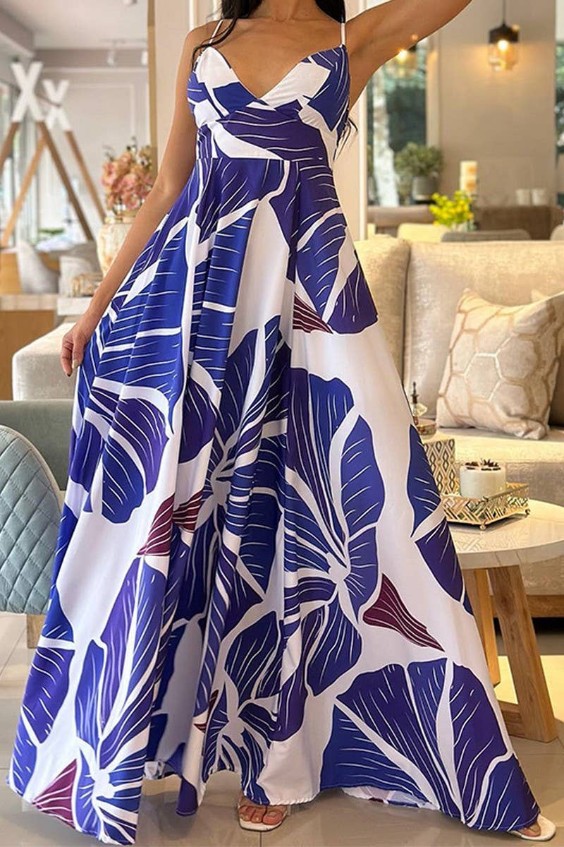 Lily Clothing - Abstract floral print mid-length swing halter dress: BLUE / (XL) 1
