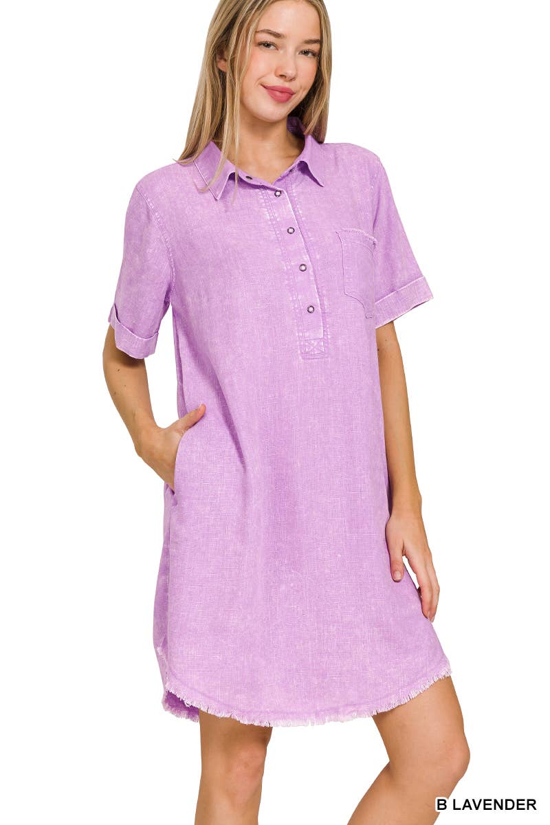 Washed Linen Raw Edge Button Down V Neck Dress