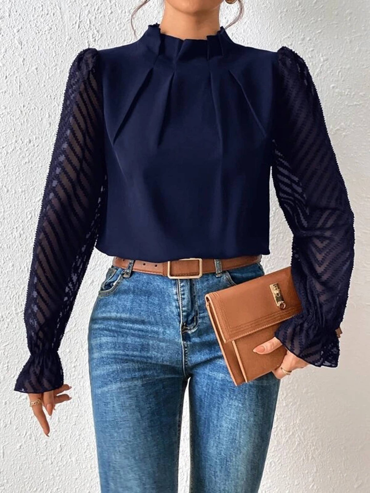 Women's Long Puff Sleeve Mock Neck Wave Chiffon Blouse Tops: Apricot