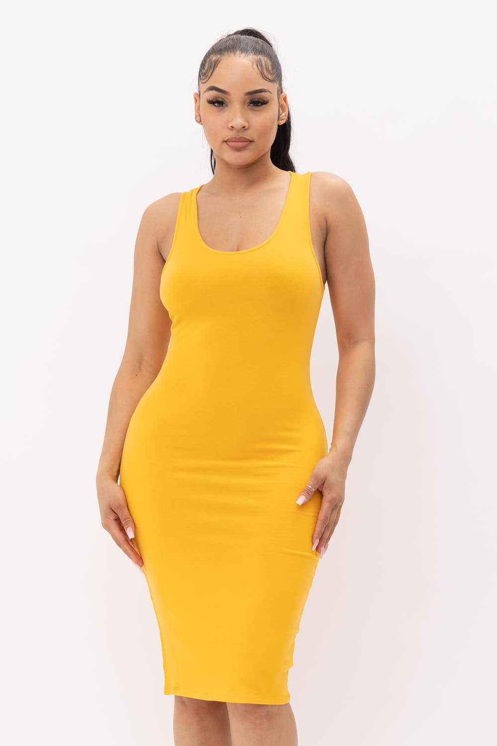 Julia by LoveJ - Cotton Spandex Solid Sleeveless Tank Bodycon Midi Dress: Red / 1-2-2-1 (S-M-L-XL)