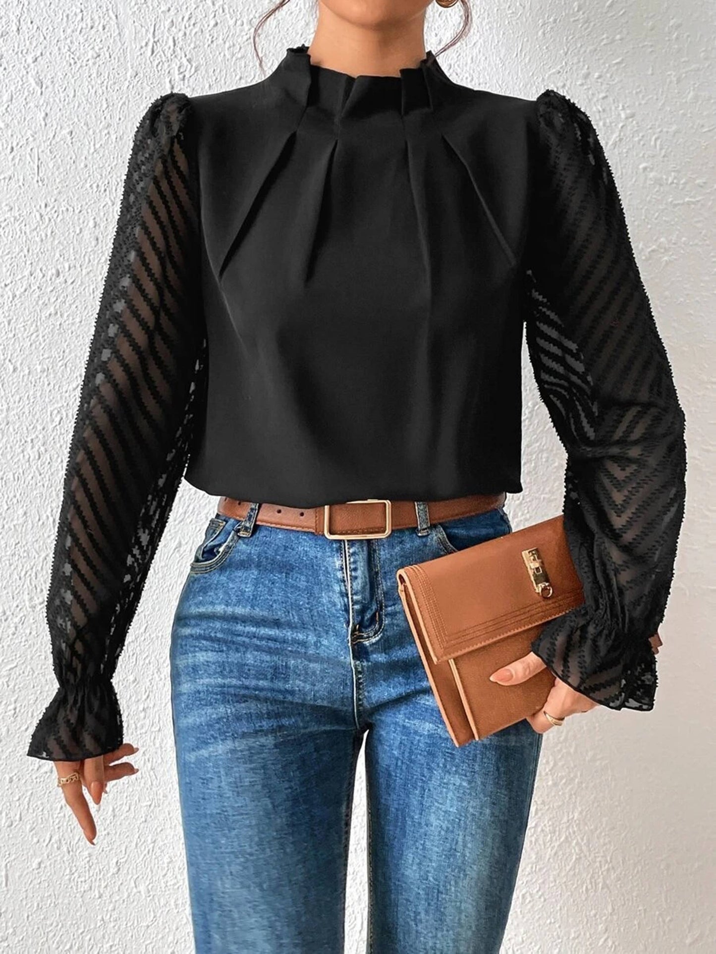 Women's Long Puff Sleeve Mock Neck Wave Chiffon Blouse Tops: Apricot