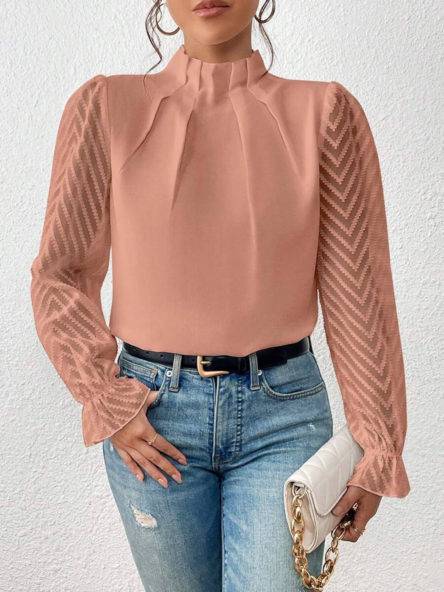 Women's Long Puff Sleeve Mock Neck Wave Chiffon Blouse Tops: Apricot