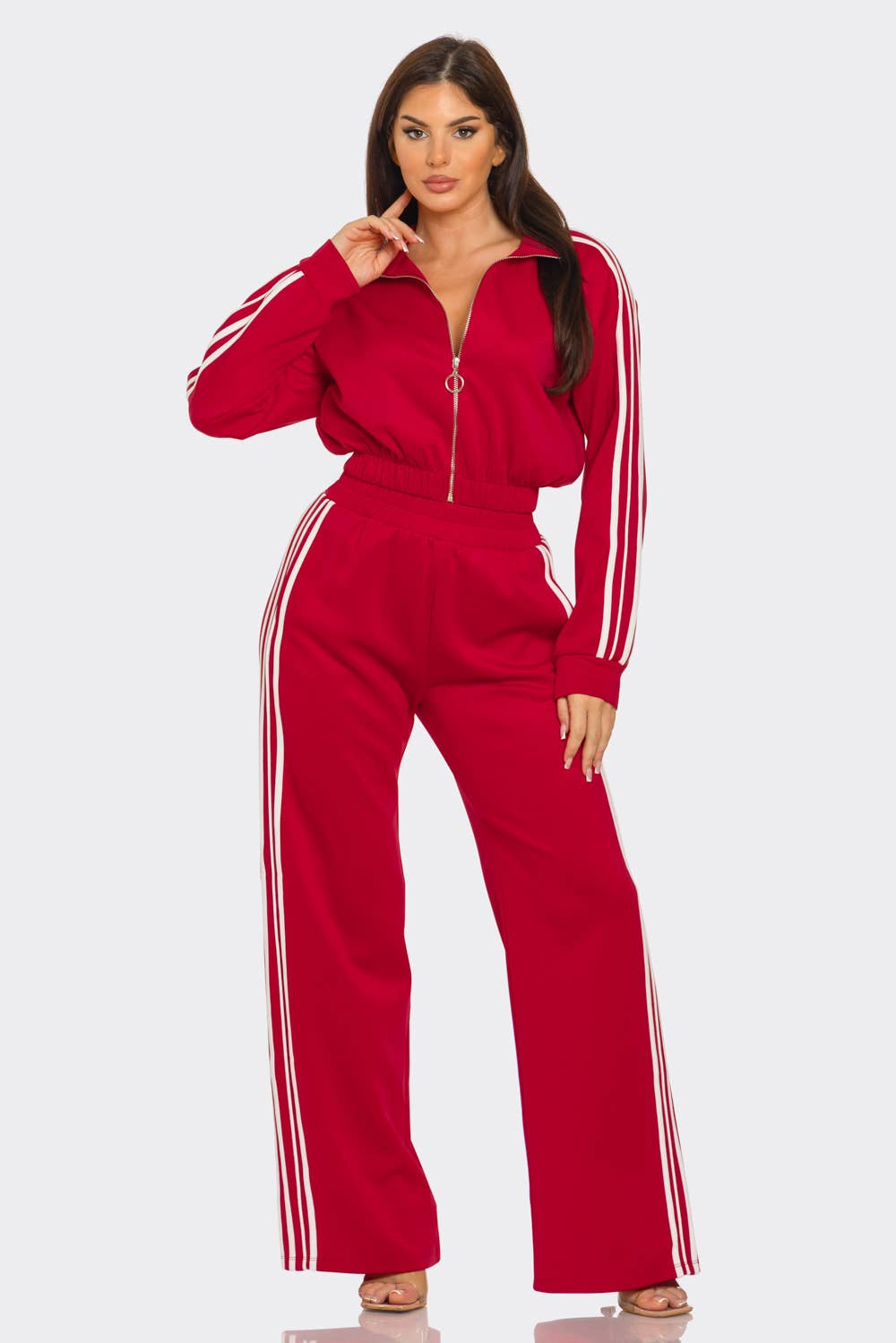 WHITE Side Stripe Tapping Details Zip Up Jacket and Pant Set