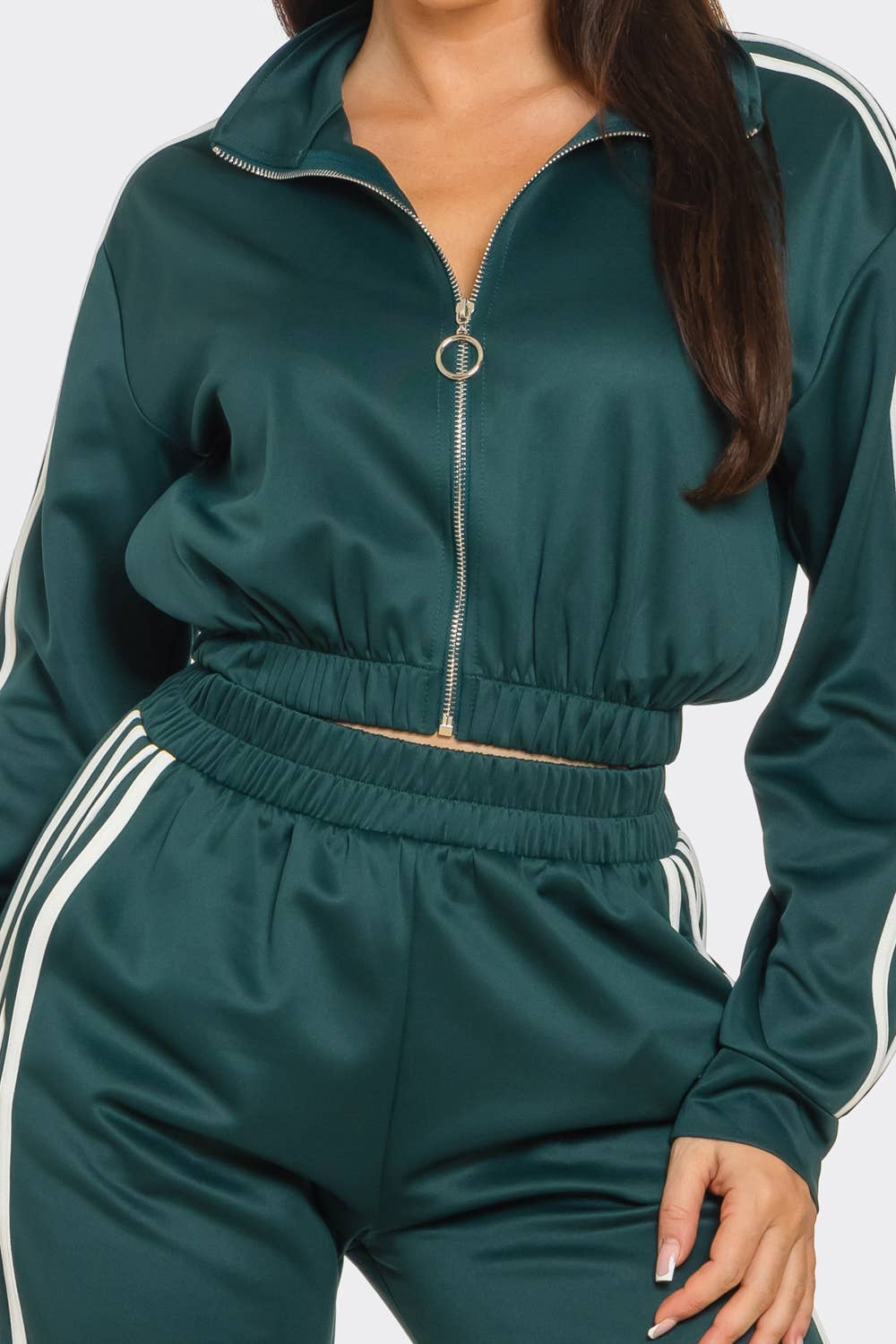WHITE Side Stripe Tapping Details Zip Up Jacket and Pant Set