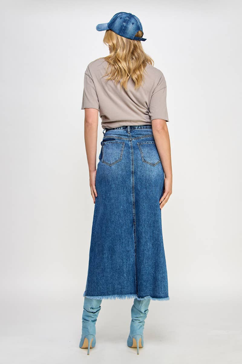 HIGH RISE FLARED MAXI SKIRT - Patchwork Design: DARK DENIM