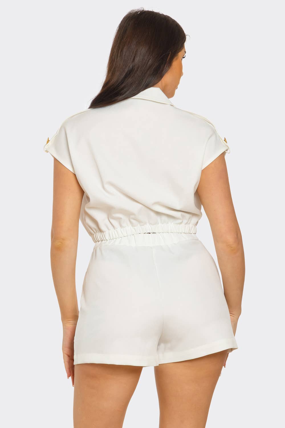 - Front Zip Up Side Pockets Top And Shorts Set : Khaki