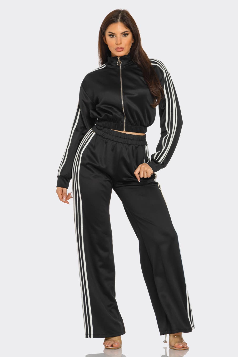 WHITE Side Stripe Tapping Details Zip Up Jacket and Pant Set