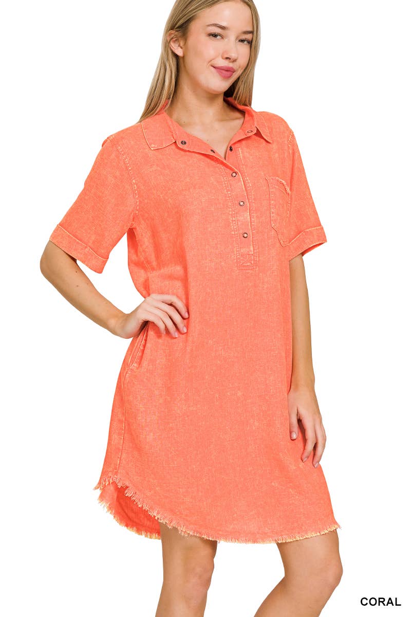 Washed Linen Raw Edge Button Down V Neck Dress