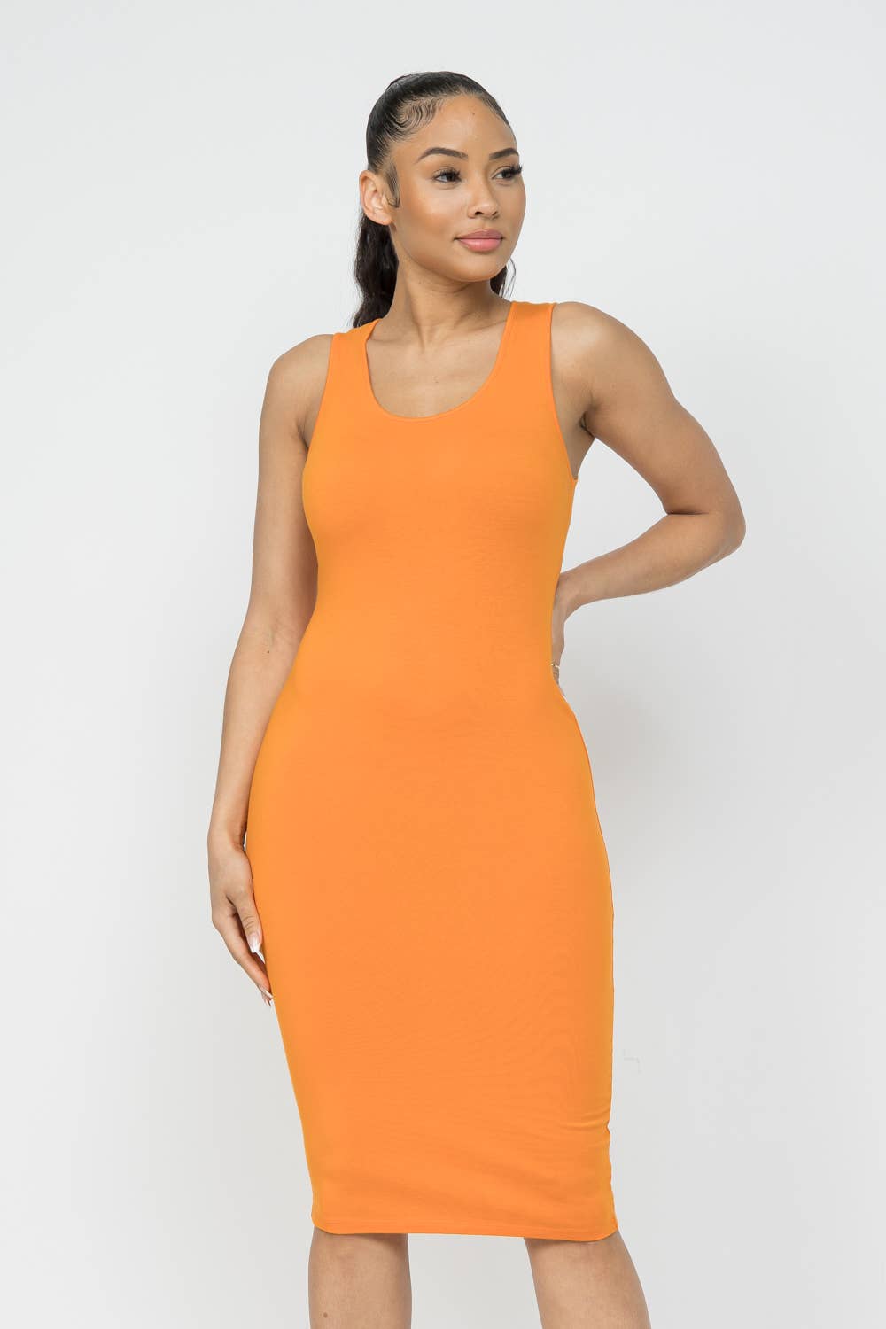 Julia by LoveJ - Cotton Spandex Solid Sleeveless Tank Bodycon Midi Dress: Red / 1-2-2-1 (S-M-L-XL)