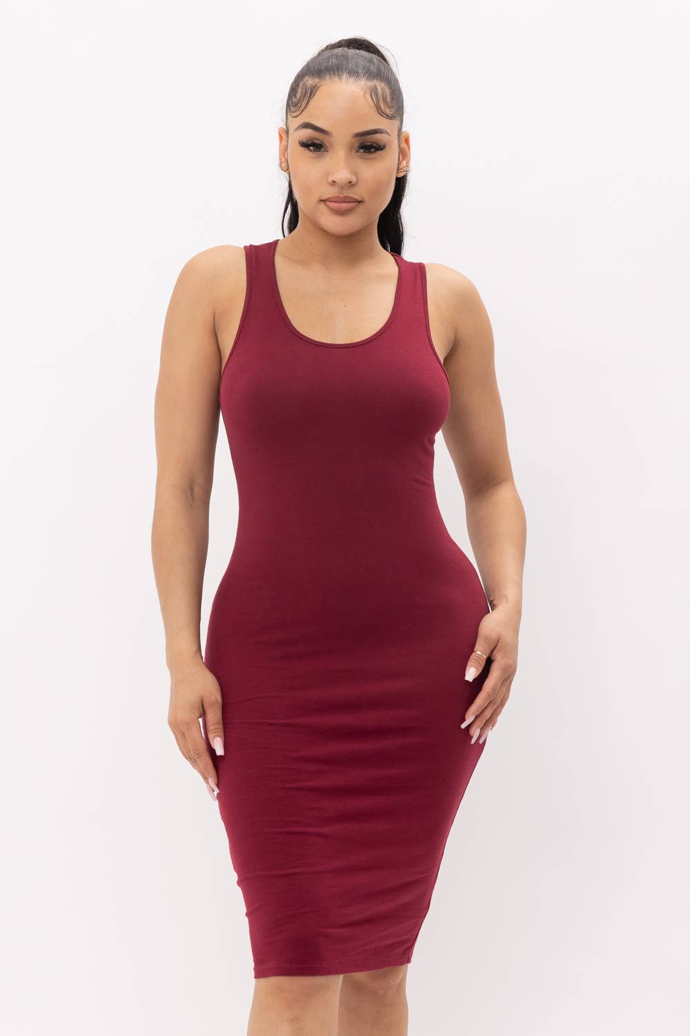 Julia by LoveJ - Cotton Spandex Solid Sleeveless Tank Bodycon Midi Dress: Red / 1-2-2-1 (S-M-L-XL)