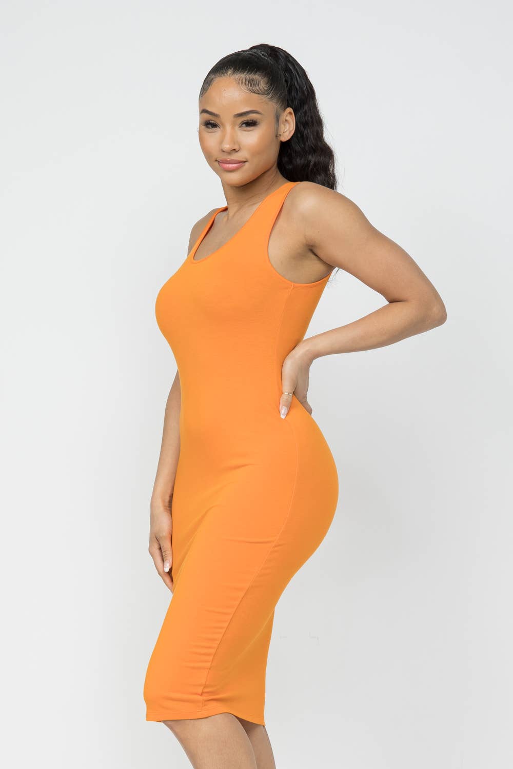 Julia by LoveJ - Cotton Spandex Solid Sleeveless Tank Bodycon Midi Dress: Red / 1-2-2-1 (S-M-L-XL)