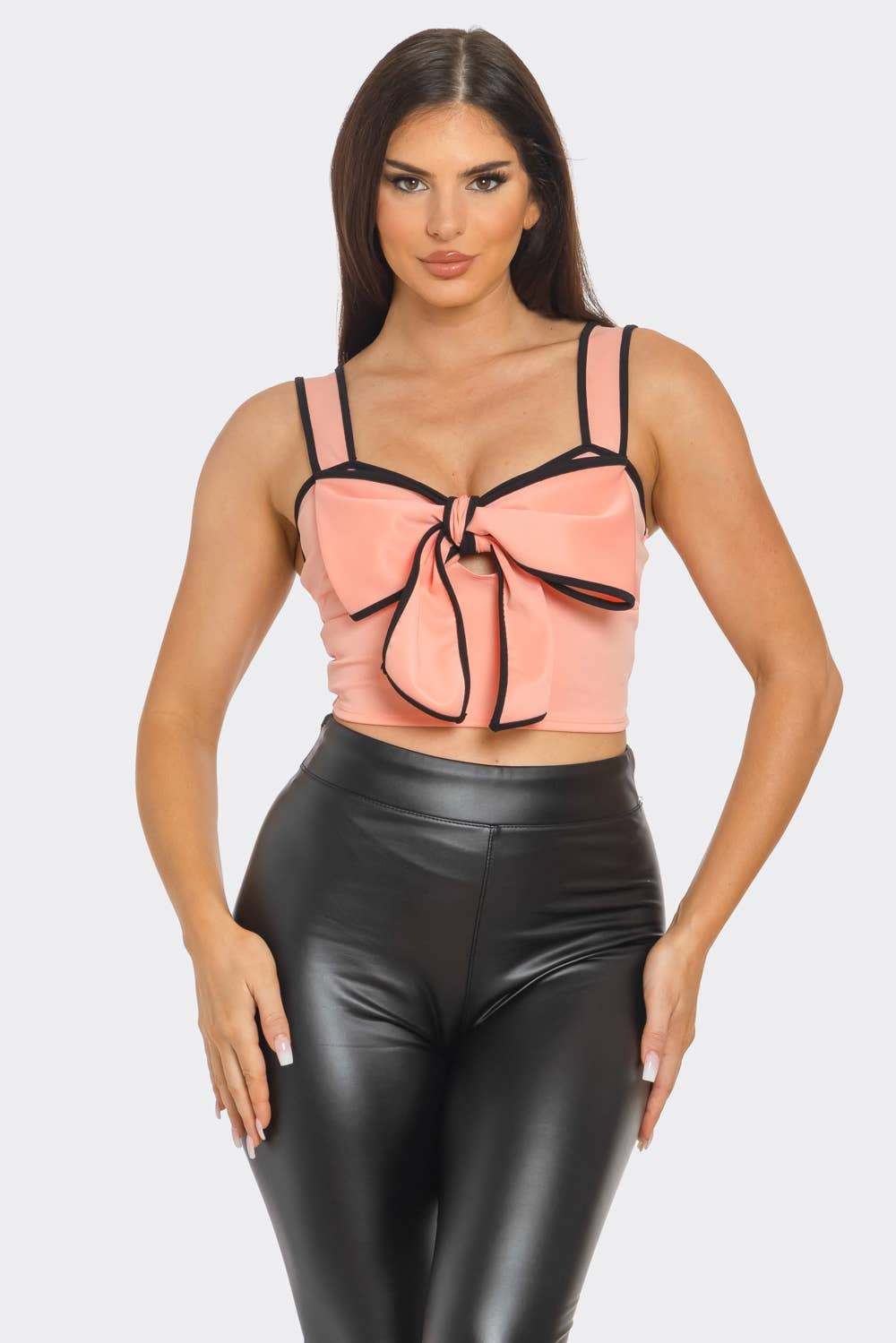Front Oversized Bow Cut Out Detail Crop Top: Peach-Black