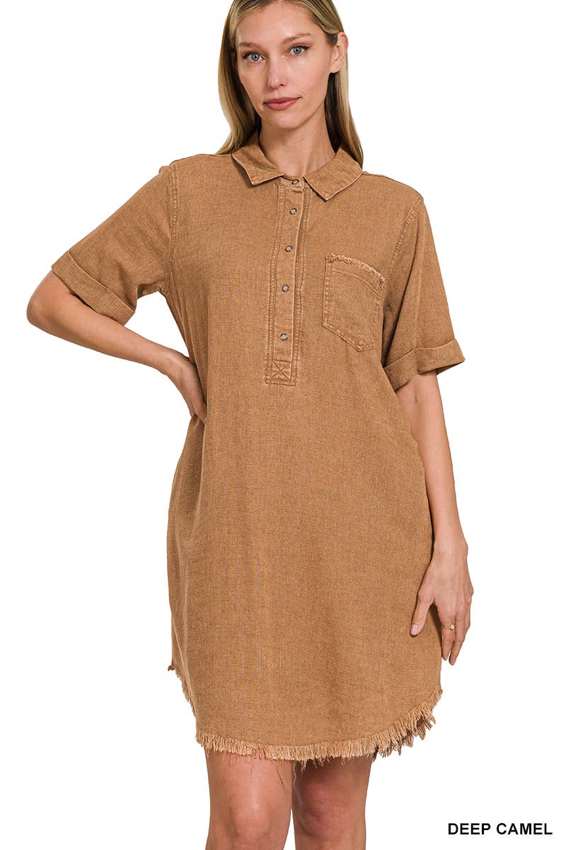 Washed Linen Raw Edge Button Down V Neck Dress