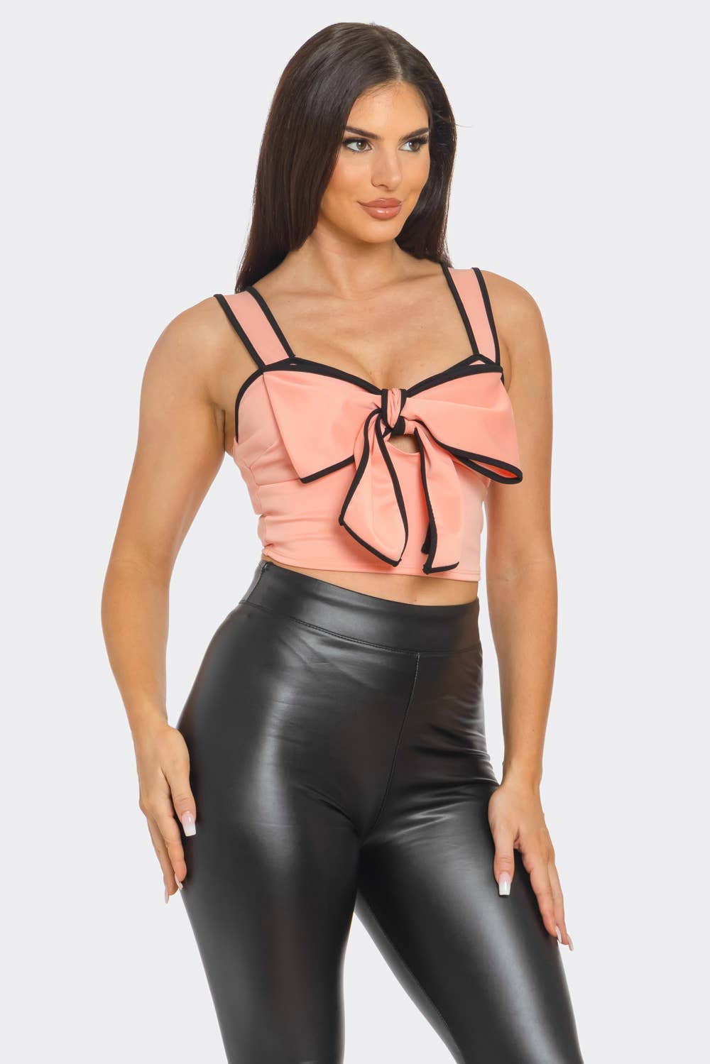 Front Oversized Bow Cut Out Detail Crop Top: Peach-Black