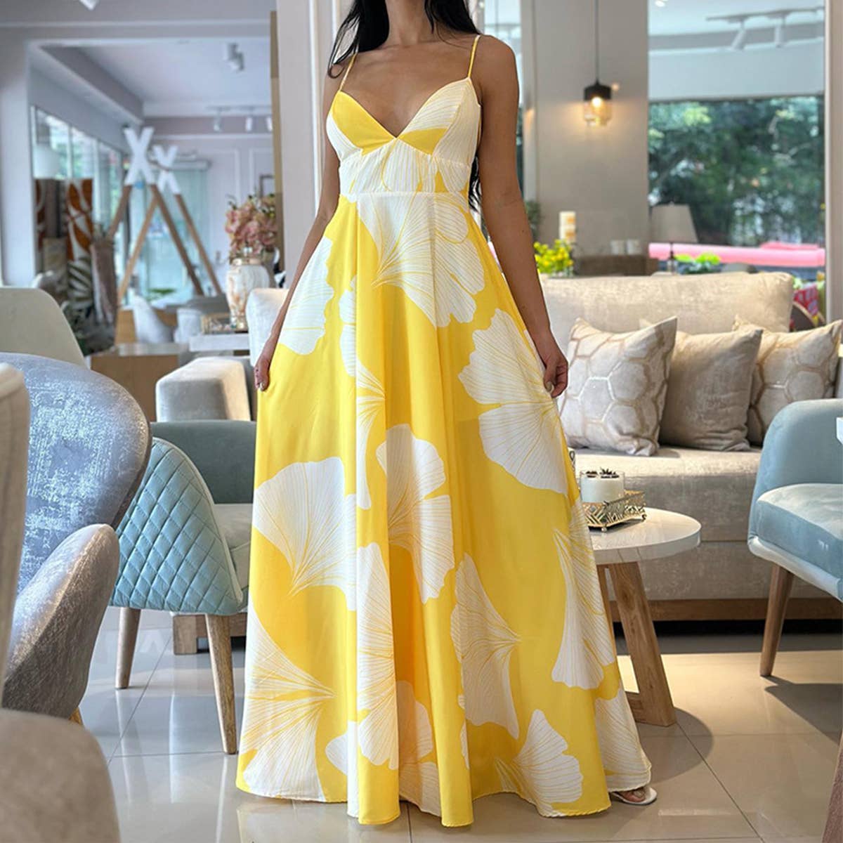 Abstract floral print mid-length swing halter dress: BLUE OR YELLOW
