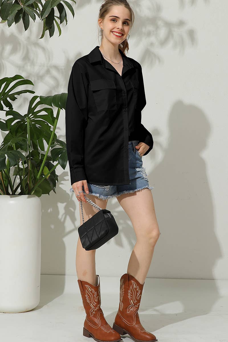 SOLID BOTTON DONW DOUBLE POCKET LONG SLEEVED SH: WHITE