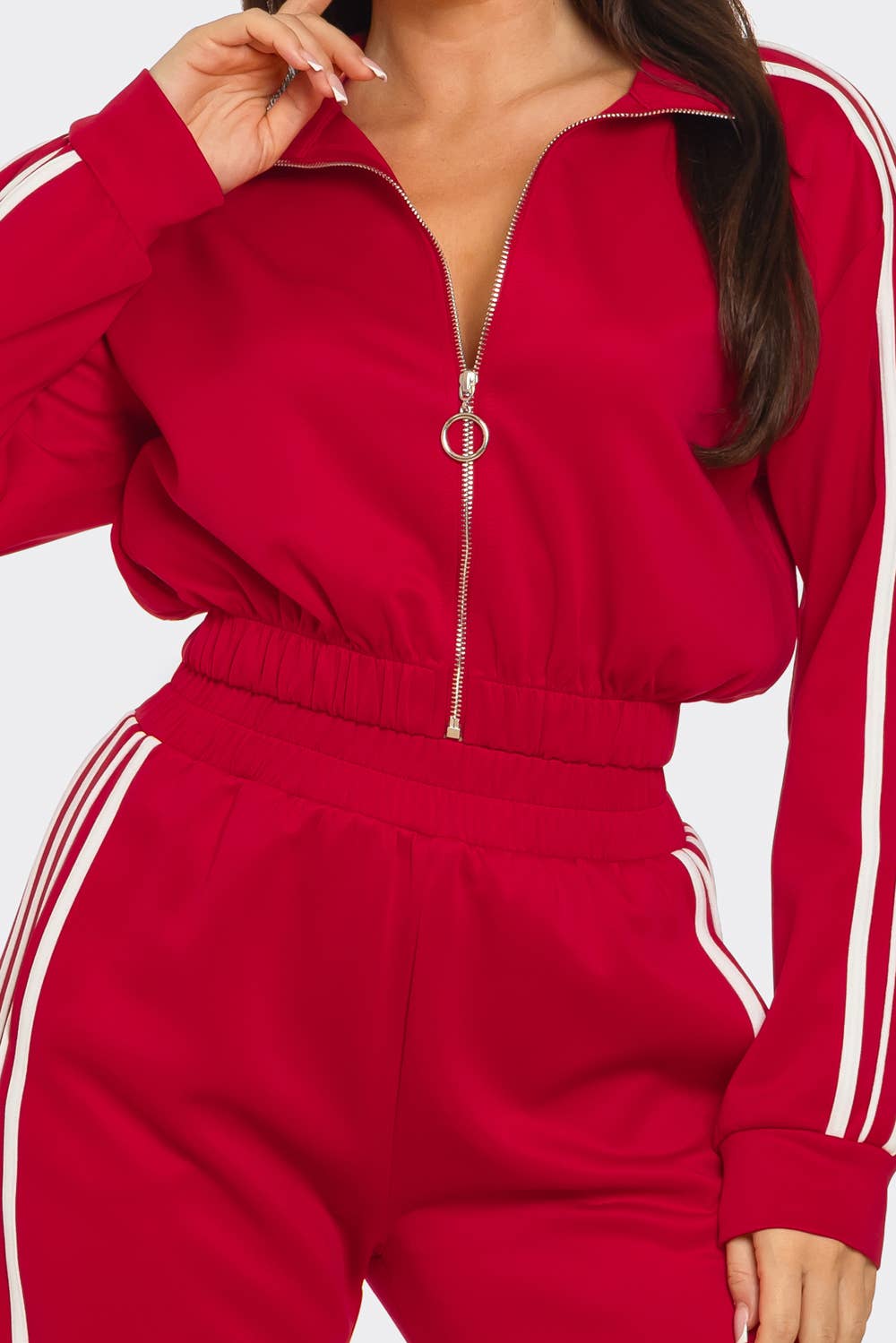 WHITE Side Stripe Tapping Details Zip Up Jacket and Pant Set