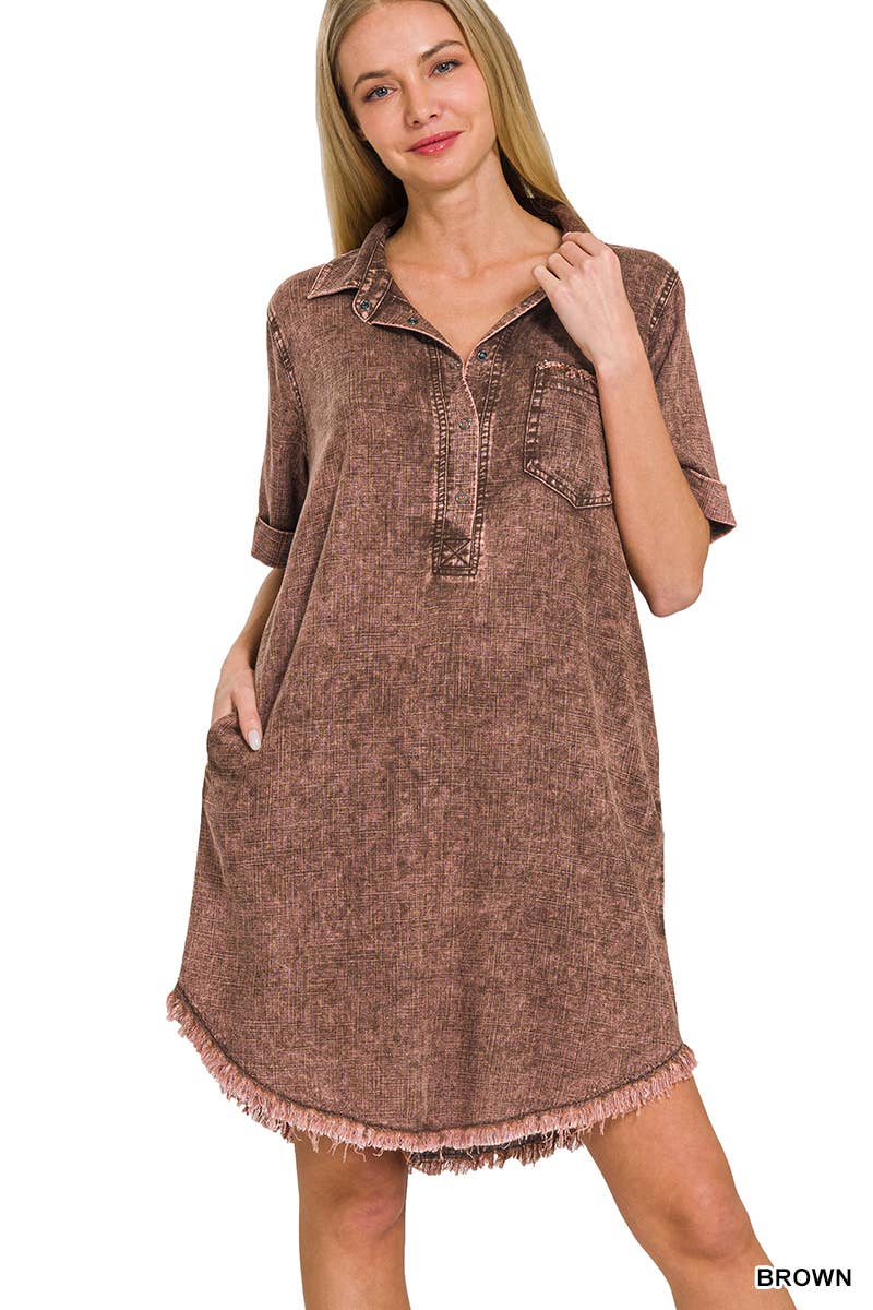 Washed Linen Raw Edge Button Down V Neck Dress