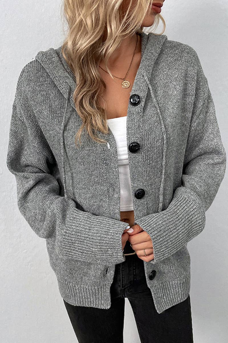 KNITTED HODDY STYLE BUTTON DOWN CARDIGAN: WHITE