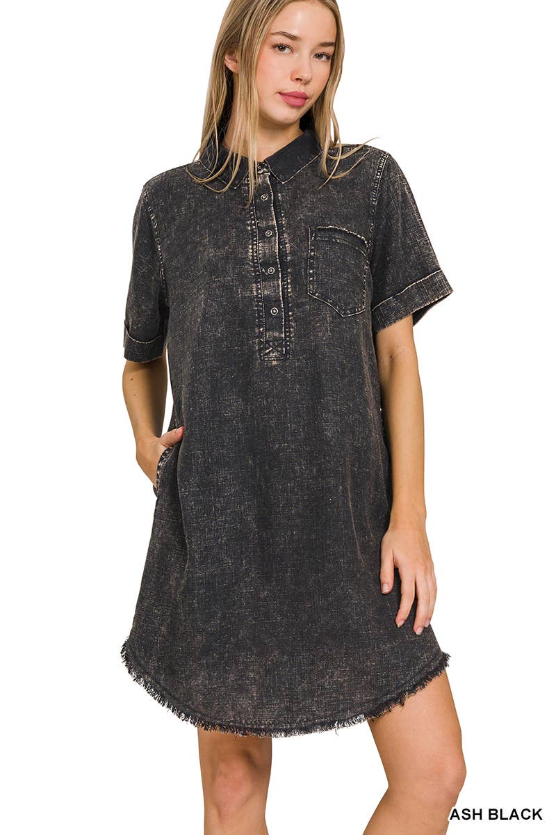 Washed Linen Raw Edge Button Down V Neck Dress