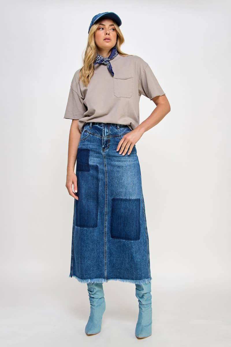 HIGH RISE FLARED MAXI SKIRT - Patchwork Design: DARK DENIM