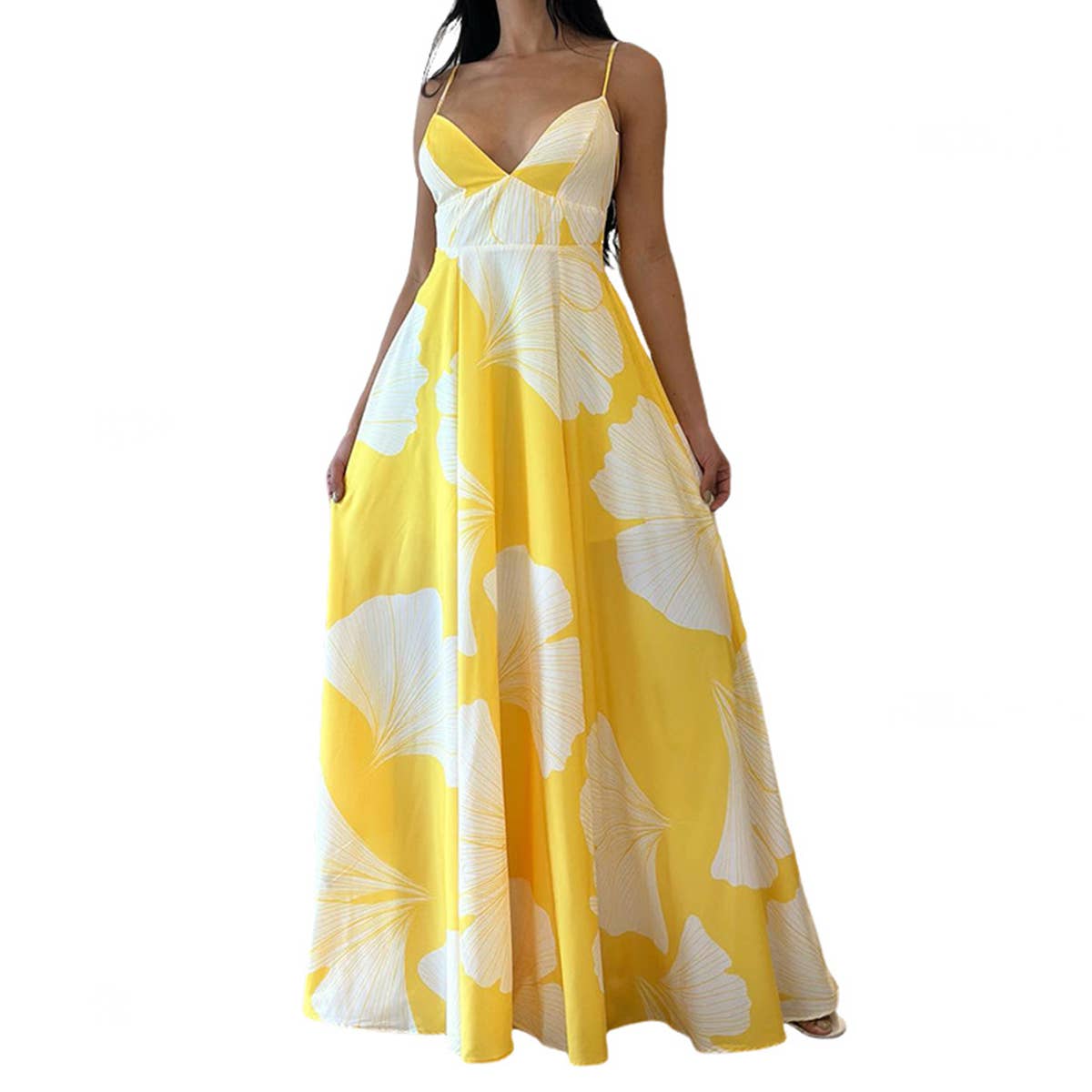 Lily Clothing - Abstract floral print mid-length swing halter dress: BLUE / (XL) 1