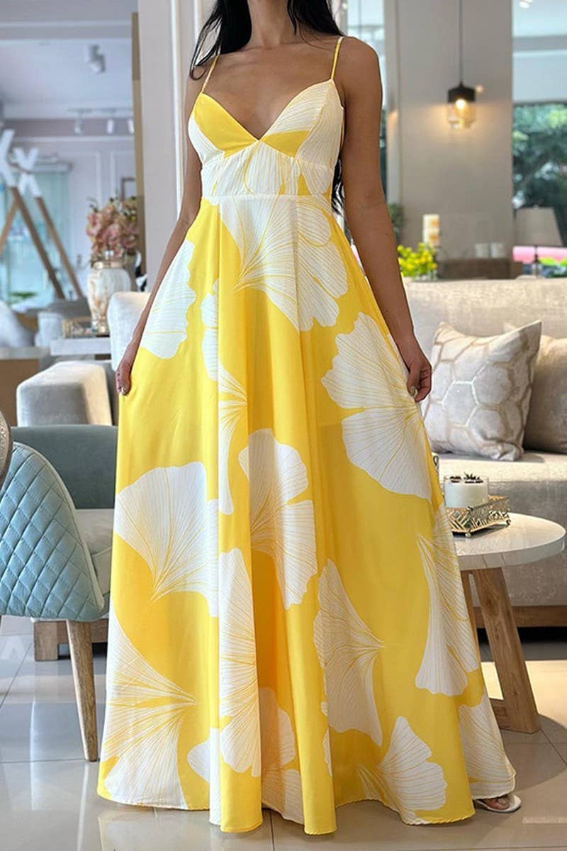 Abstract floral print mid-length swing halter dress: BLUE OR YELLOW