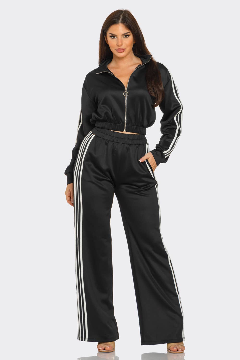 WHITE Side Stripe Tapping Details Zip Up Jacket and Pant Set