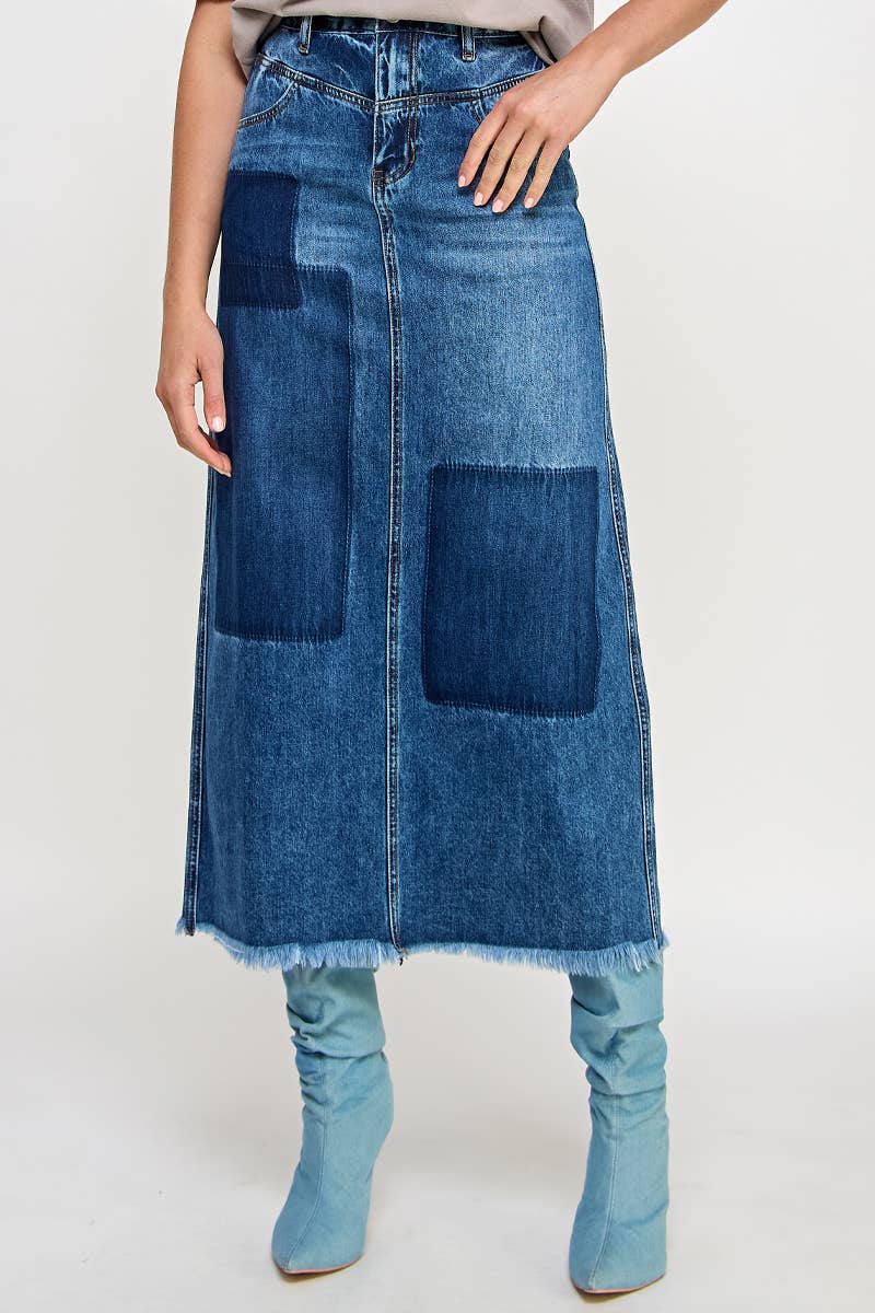 HIGH RISE FLARED MAXI SKIRT - Patchwork Design: DARK DENIM