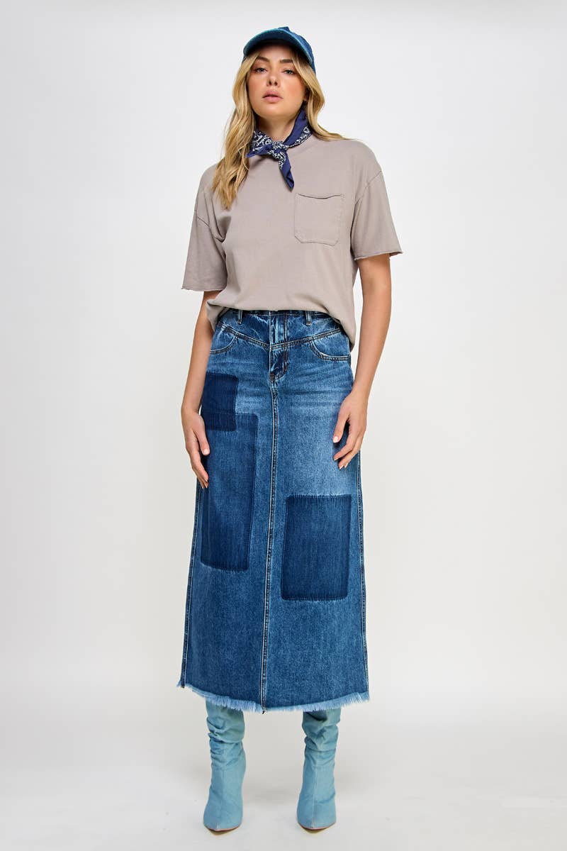 HIGH RISE FLARED MAXI SKIRT - Patchwork Design: DARK DENIM