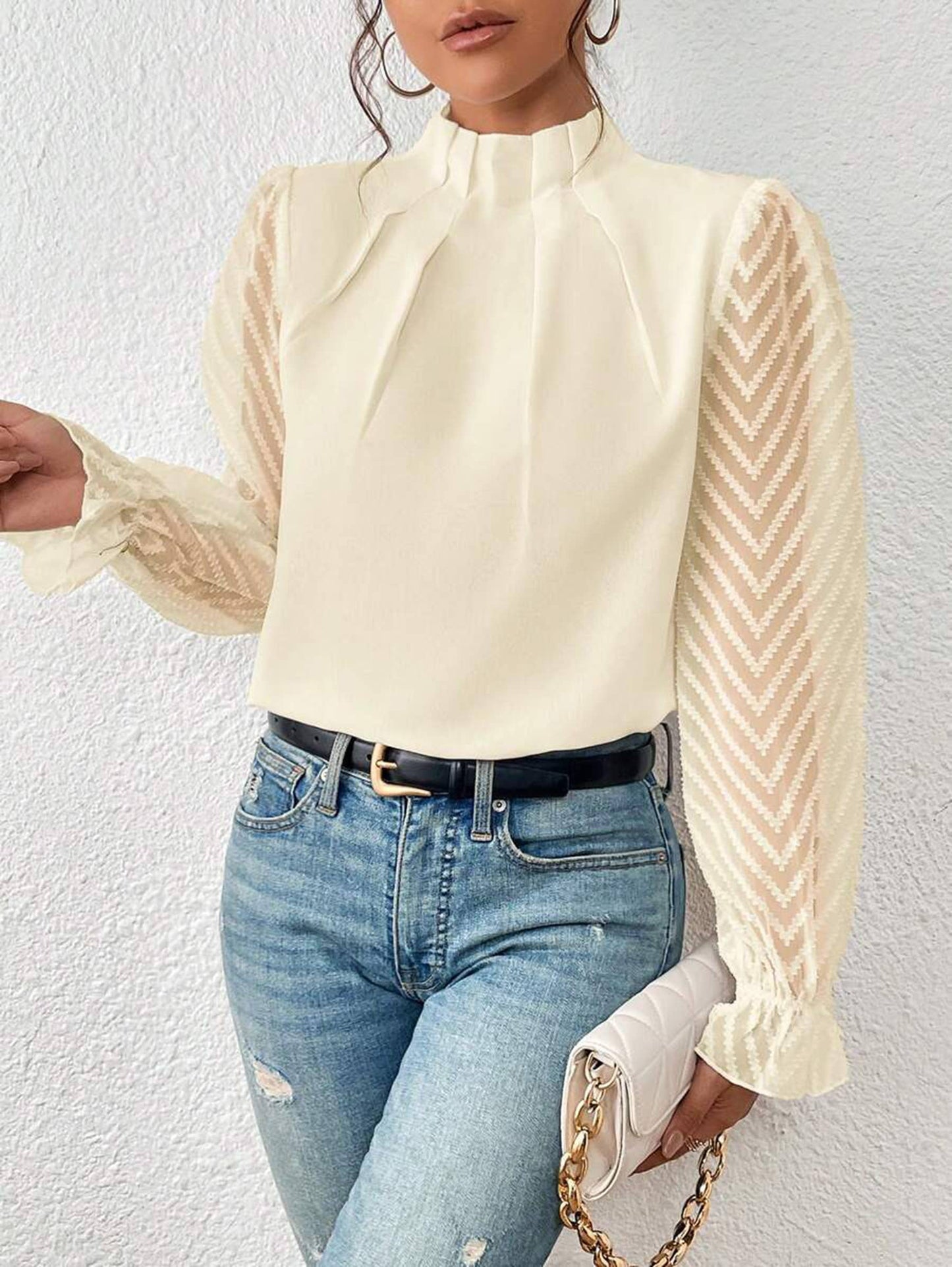 Women's Long Puff Sleeve Mock Neck Wave Chiffon Blouse Tops: Apricot