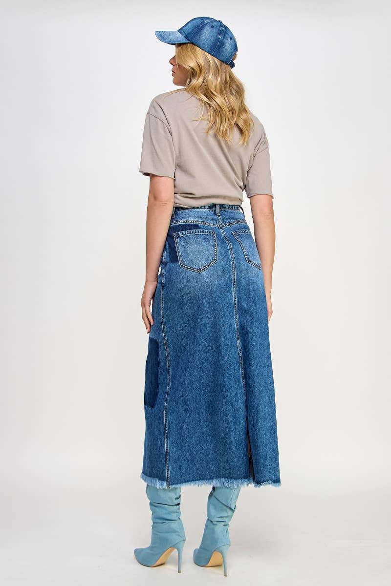 HIGH RISE FLARED MAXI SKIRT - Patchwork Design: DARK DENIM