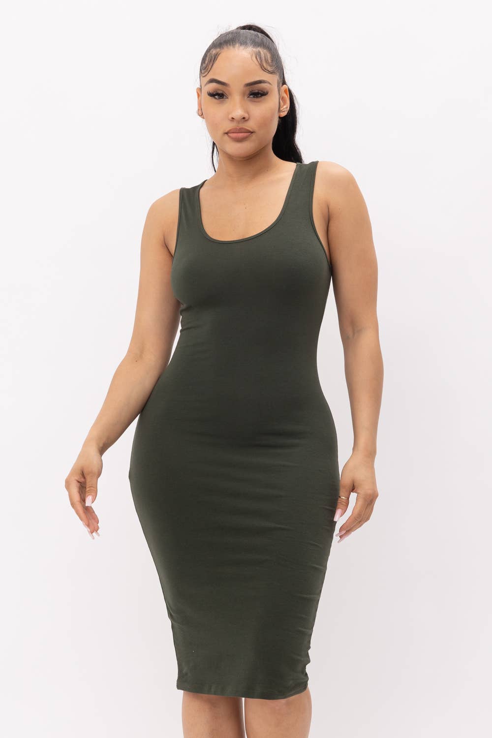 Julia by LoveJ - Cotton Spandex Solid Sleeveless Tank Bodycon Midi Dress: Red / 1-2-2-1 (S-M-L-XL)