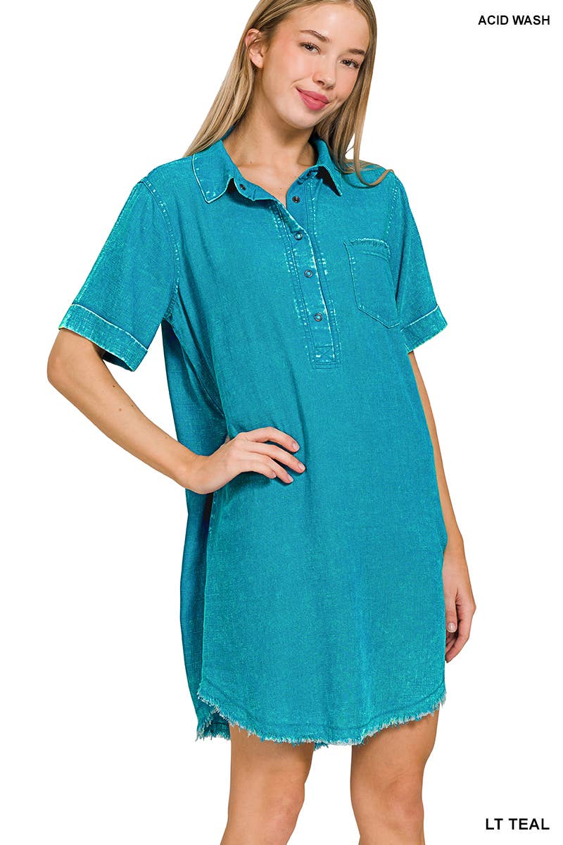 Washed Linen Raw Edge Button Down V Neck Dress