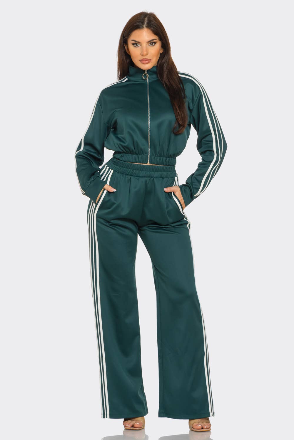 WHITE Side Stripe Tapping Details Zip Up Jacket and Pant Set