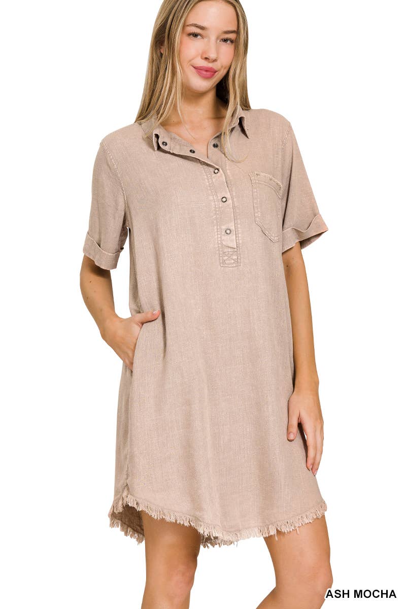 Washed Linen Raw Edge Button Down V Neck Dress
