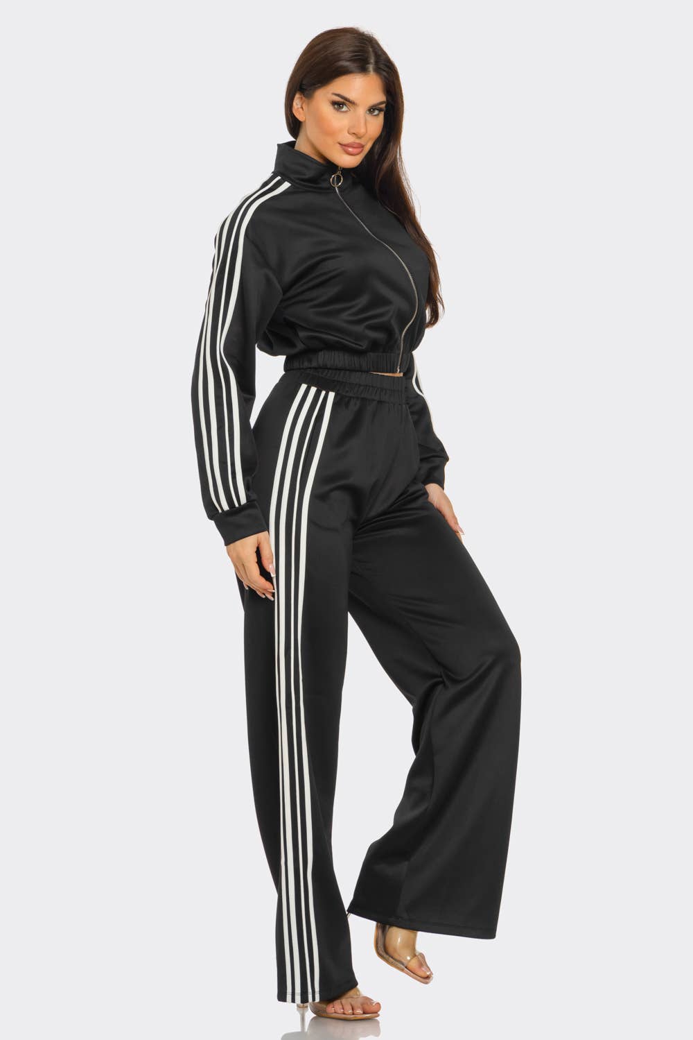 WHITE Side Stripe Tapping Details Zip Up Jacket and Pant Set