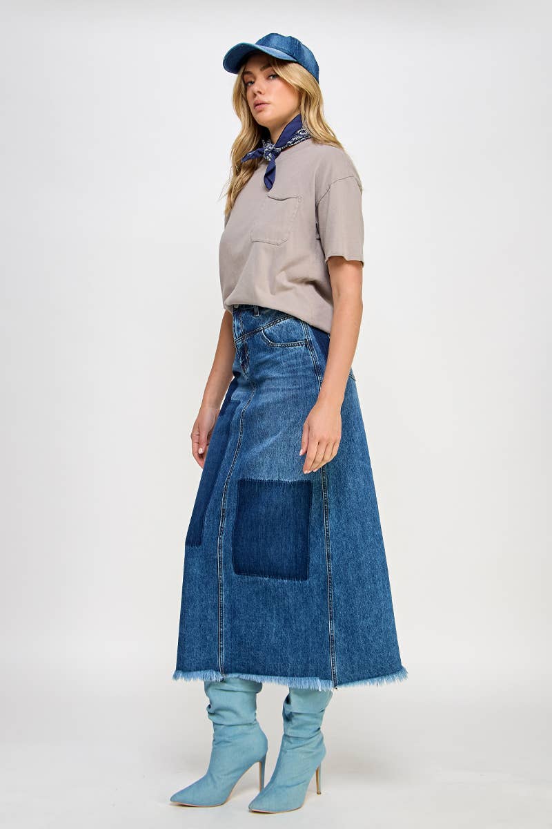 HIGH RISE FLARED MAXI SKIRT - Patchwork Design: DARK DENIM