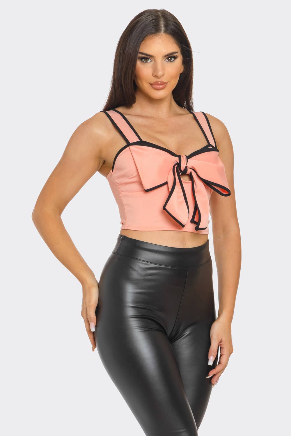 Front Oversized Bow Cut Out Detail Crop Top: Peach-Black
