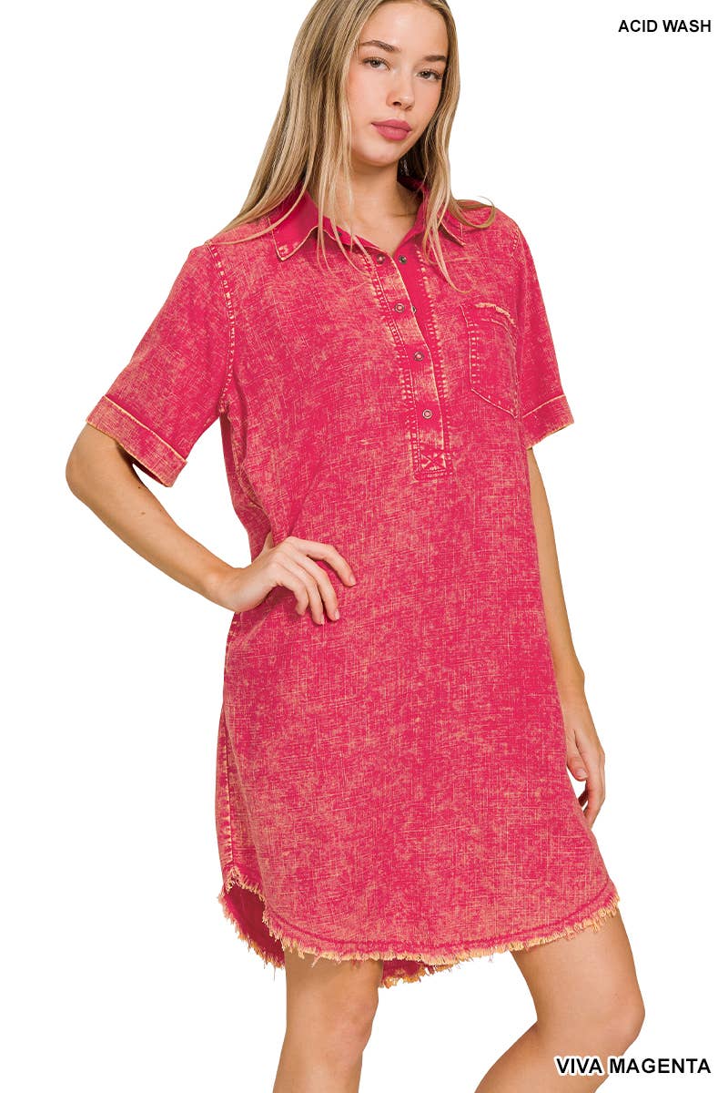 Washed Linen Raw Edge Button Down V Neck Dress