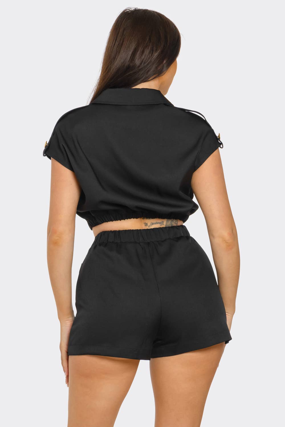 - Front Zip Up Side Pockets Top And Shorts Set : Khaki