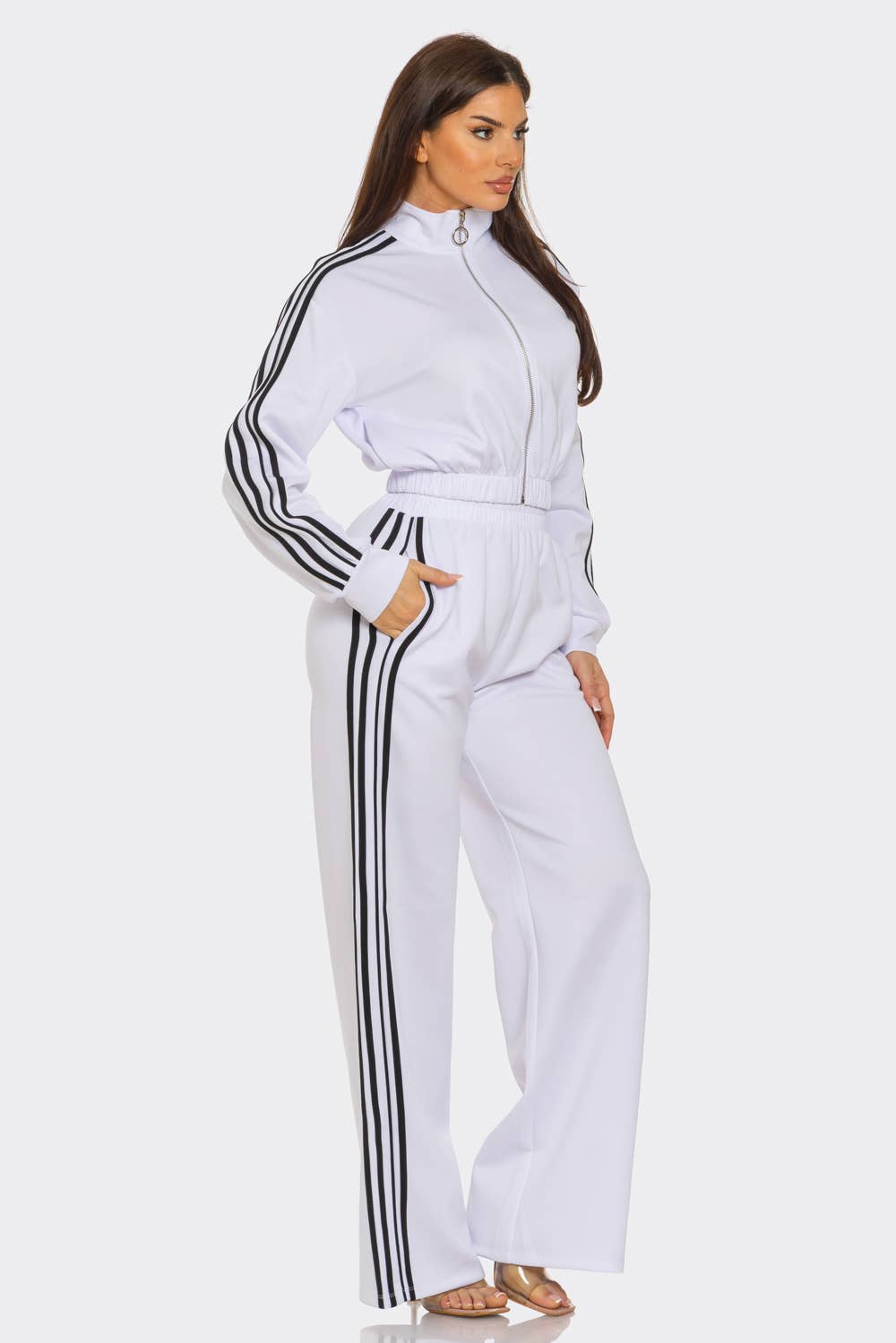 WHITE Side Stripe Tapping Details Zip Up Jacket and Pant Set